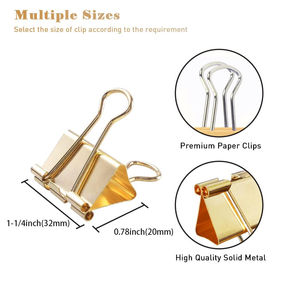 Medium Binder Clips Width 1.25 Inch Capacity 0.6 Inch Gold 24 PCS, Binder Clips 32mm for Teacher