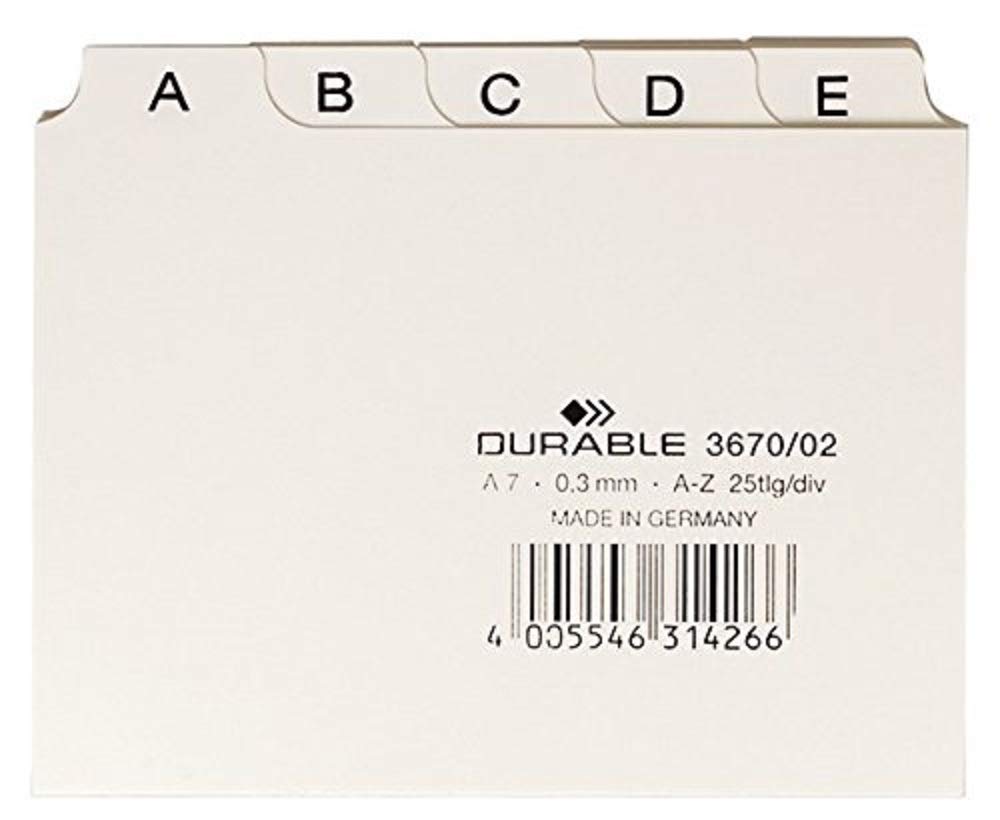 Durable 367002 25 Piece A7 Index Card Set with Printed A-Z Tab - White