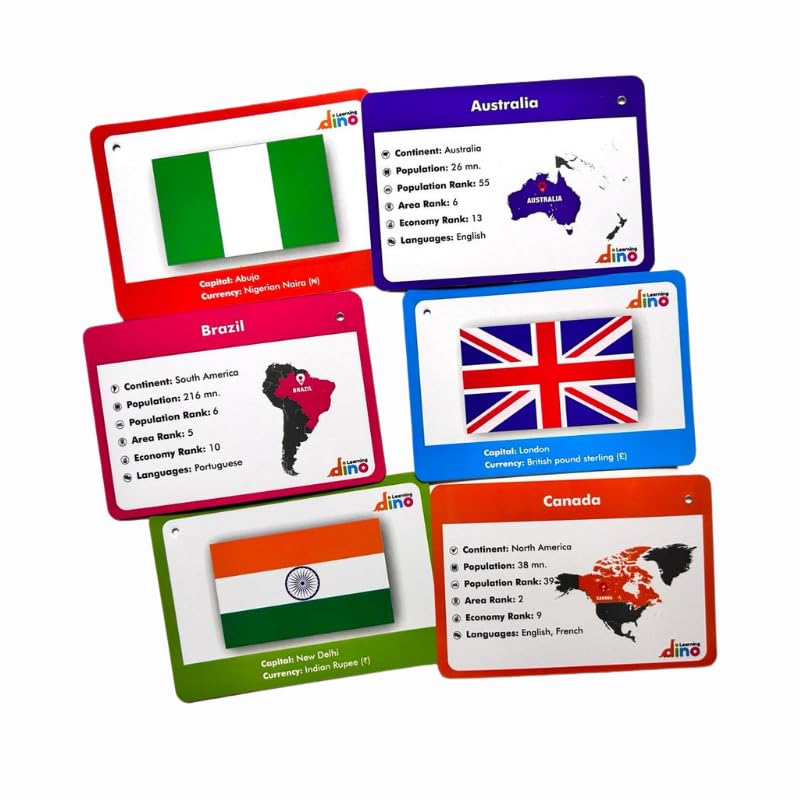 Flags of The World Flashcards | Covers 50 Countries with Country Flag, Map, Economy, Language