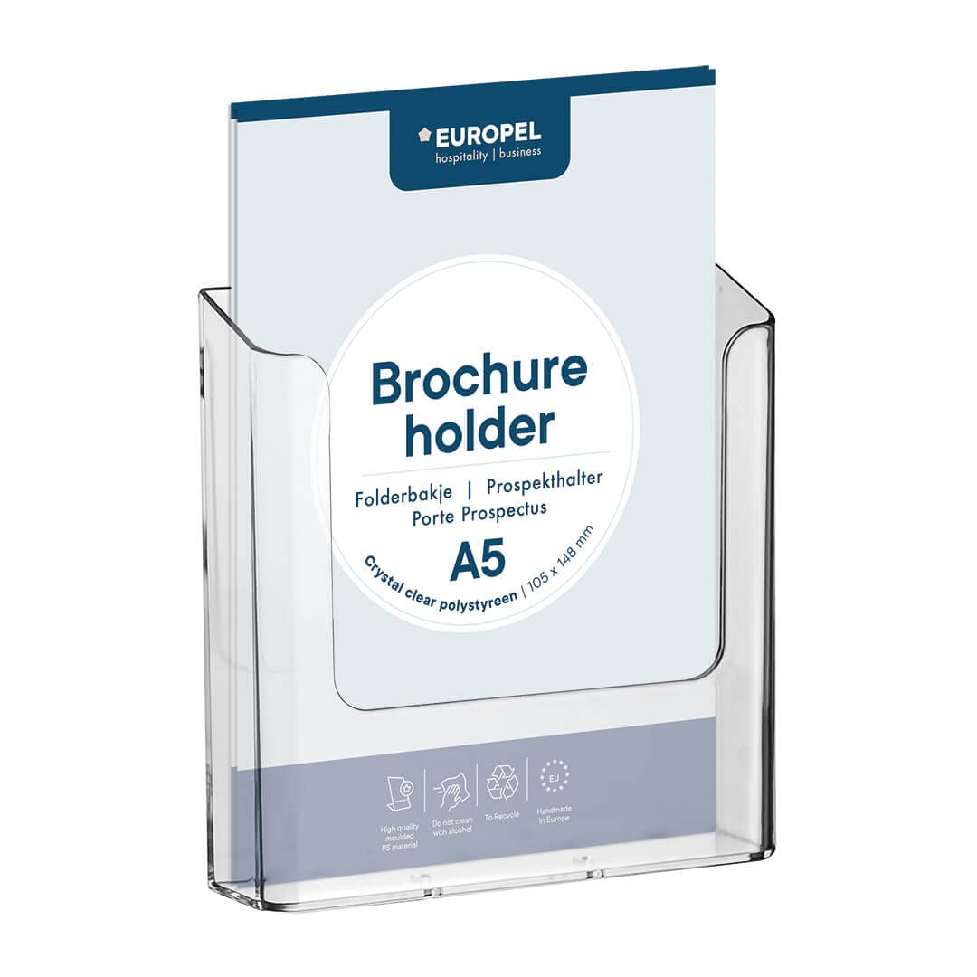 Europel A5 Brochure Holder, Clear Acrylic, Wall Mounted, Dispenser, Display, Leaflet, Menu