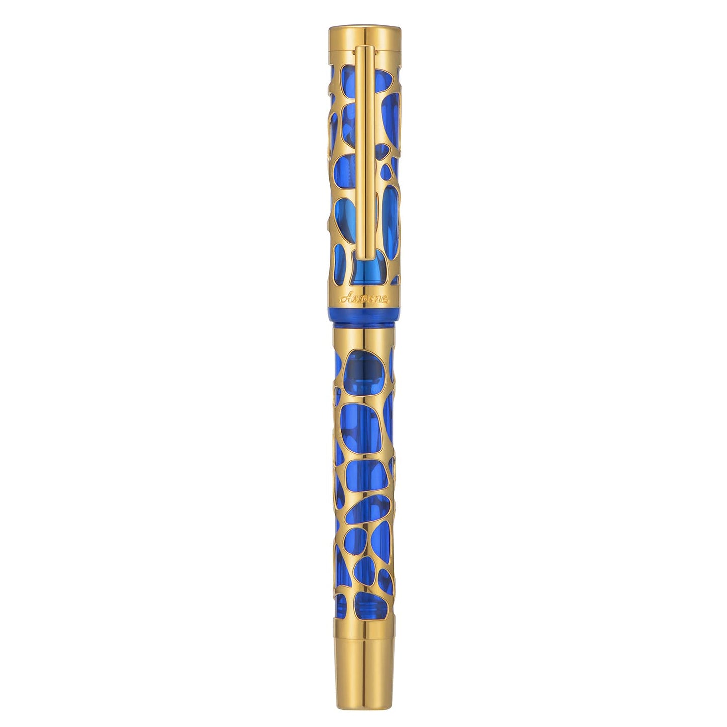Asvine V169 Vacuum Filling Fountain Pen Medium Nib, Water Drop Skeleton Gold Trim Transparent Blue