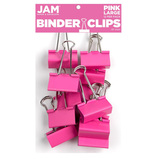 JAM PAPER Colorful Binder Clips - Large - 1 1/2 Inch (41 mm) - Pink Binderclips - 12/Pack