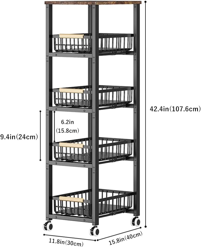 CarolynDesign Metal Wire Baskets with Wheels, Kitchen Storage Stackable Vegetable Fruit Cart Bins