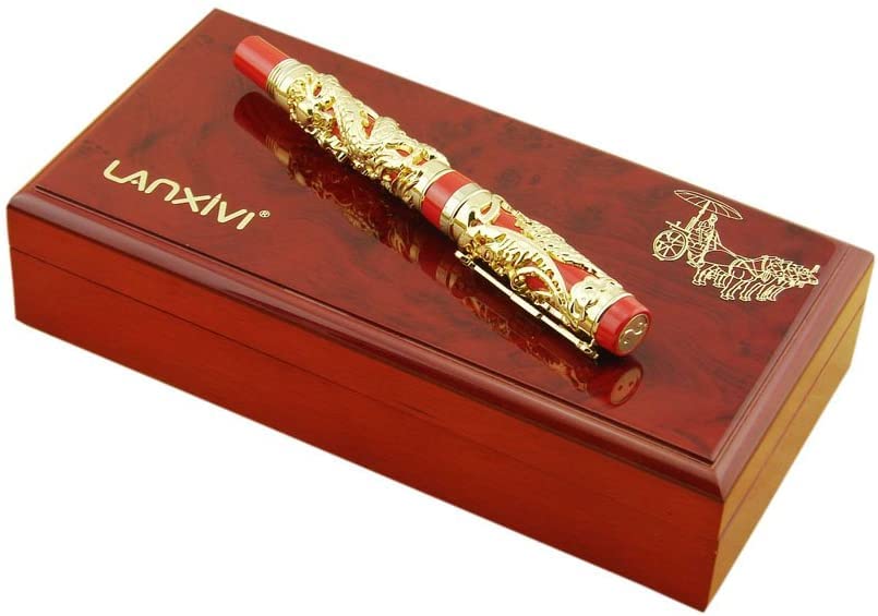 Jinhao Dragon Phoenix 3d Embossment Golden Red Fountain Pen Bent Nib Chinese Ruyi Clip Wooden Box
