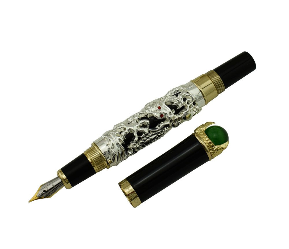 Jinhao Dragon Fountain Pen Fine Nib Silver Color Playing Pearl, Green Jewelry with Pen Pouch