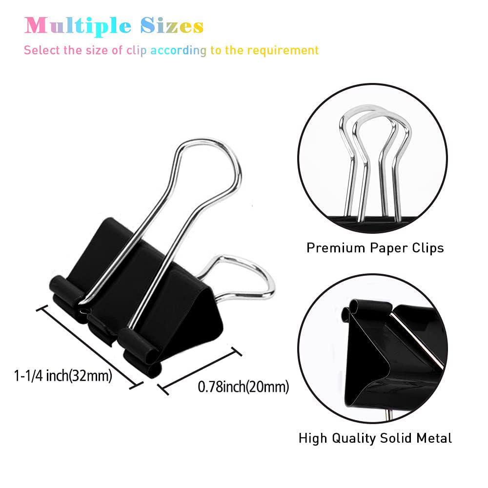 Medium Binder Clips, 144 Pack, 1-1/4 Inch, 1.25 Inch, Standard 32mm, Black, Capacity 0.6 Inch