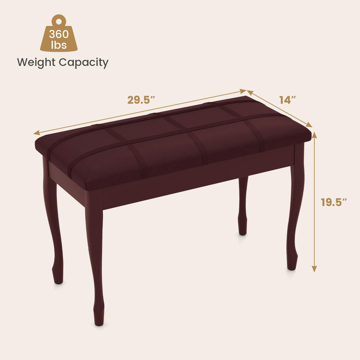 GIANTEX Duet Piano Bench with Storage, Keyboard Bench with Padded Cushion, Solid Wood Legs, Storage