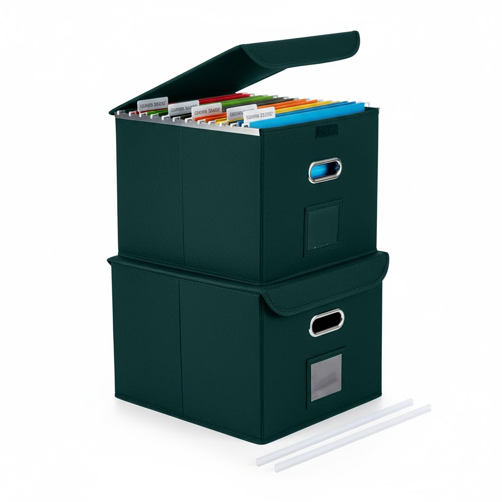 File Organizer Box with Lid (Dark Green, 14.9 x 12.59 x 10.8 inch, 2-Pack)