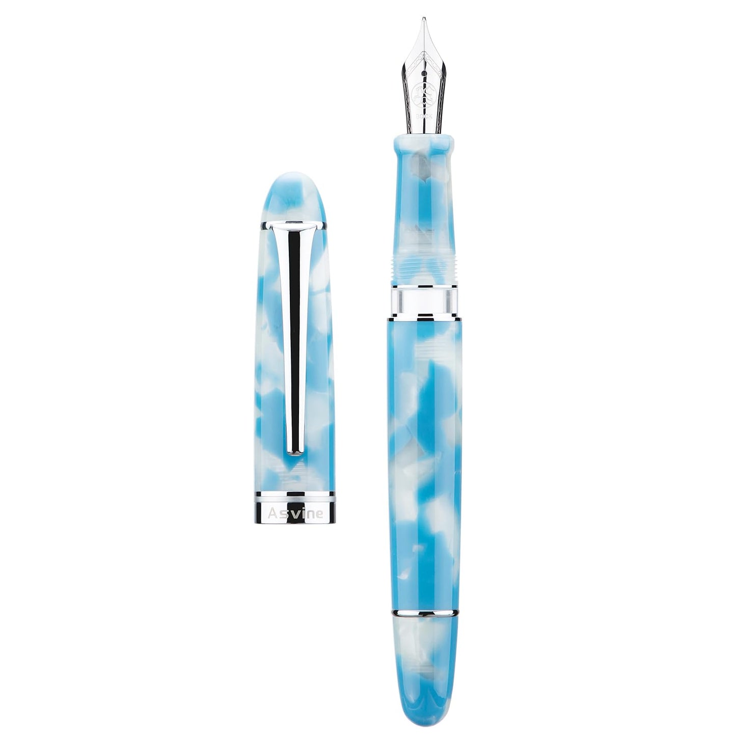 Asvine P50 Piston Fountain Pen Bock Medium Nib Sky Blue Resin, Silver Trim Smooth Writer Collection