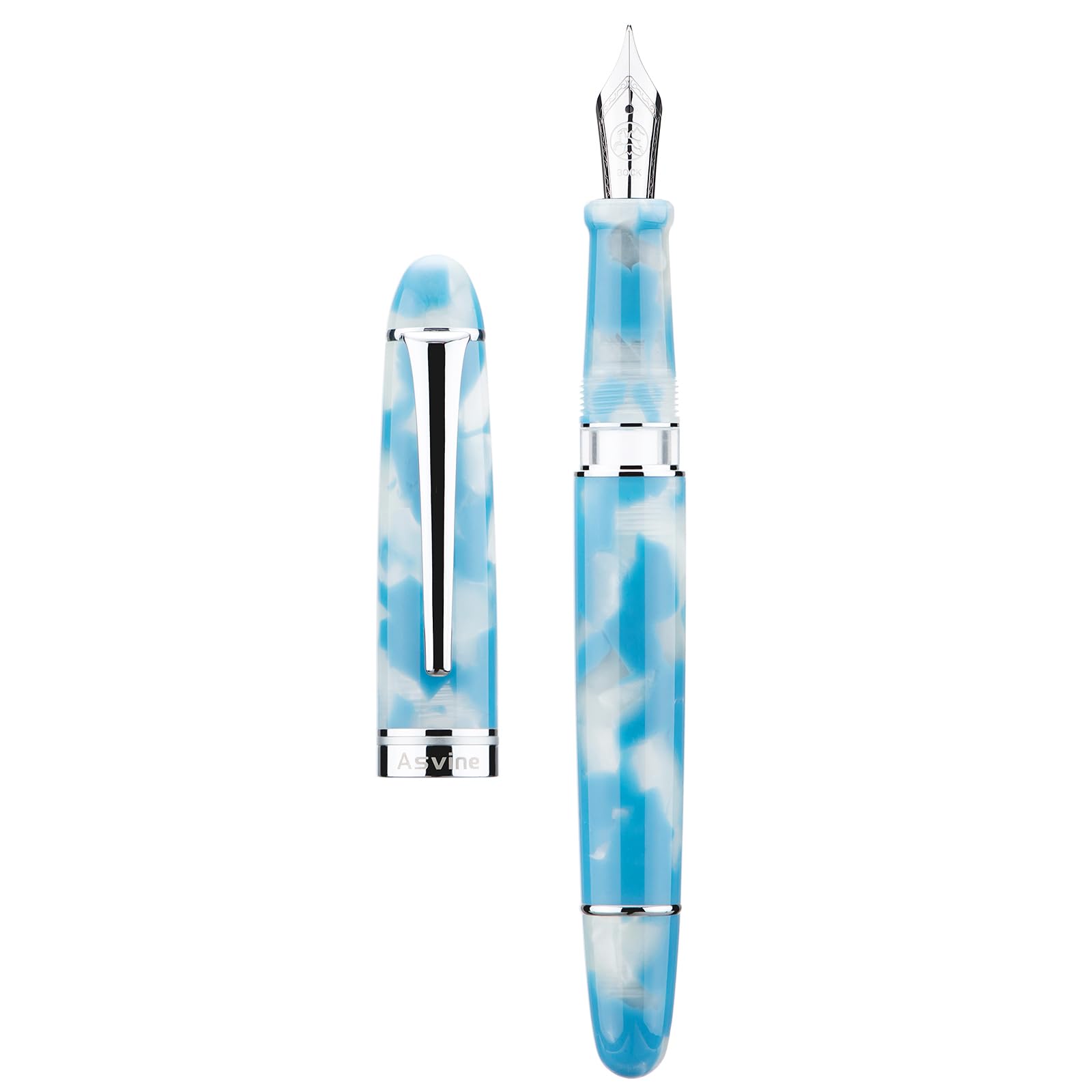 Asvine P50 Piston Fountain Pen Bock Medium Nib Sky Blue Resin, Silver Trim Smooth Writer Collection