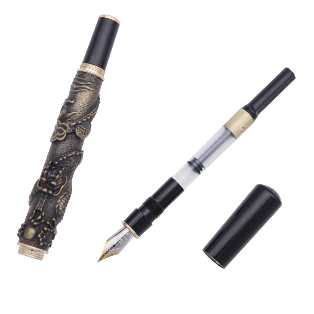 Gullor Luxury Fountain Pen Jinhao Chinese Dragon/Loong Bronze Basso-relievo Medium Nib
