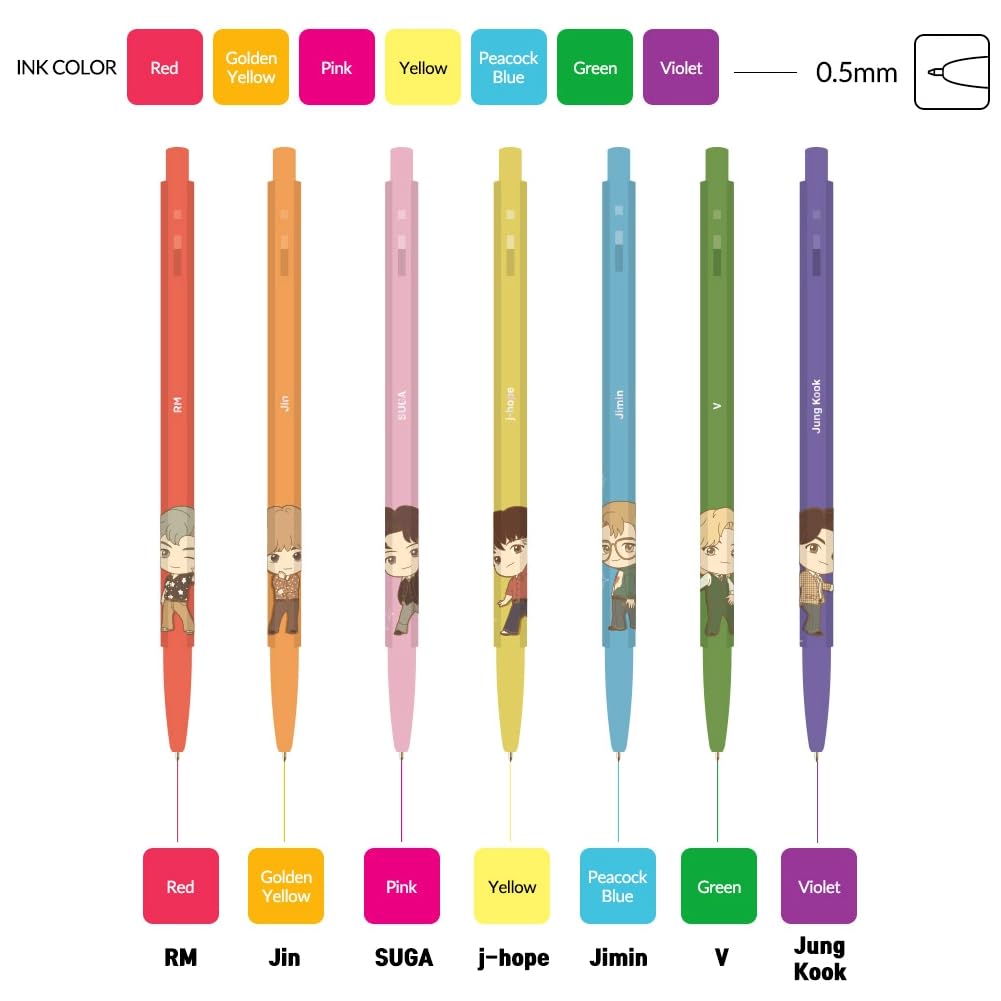 TinyTAN BTS Merchandise Official Licensed Kpop Merch Character Ballpoint Pen, 0.5mm, (1 Pack of 7
