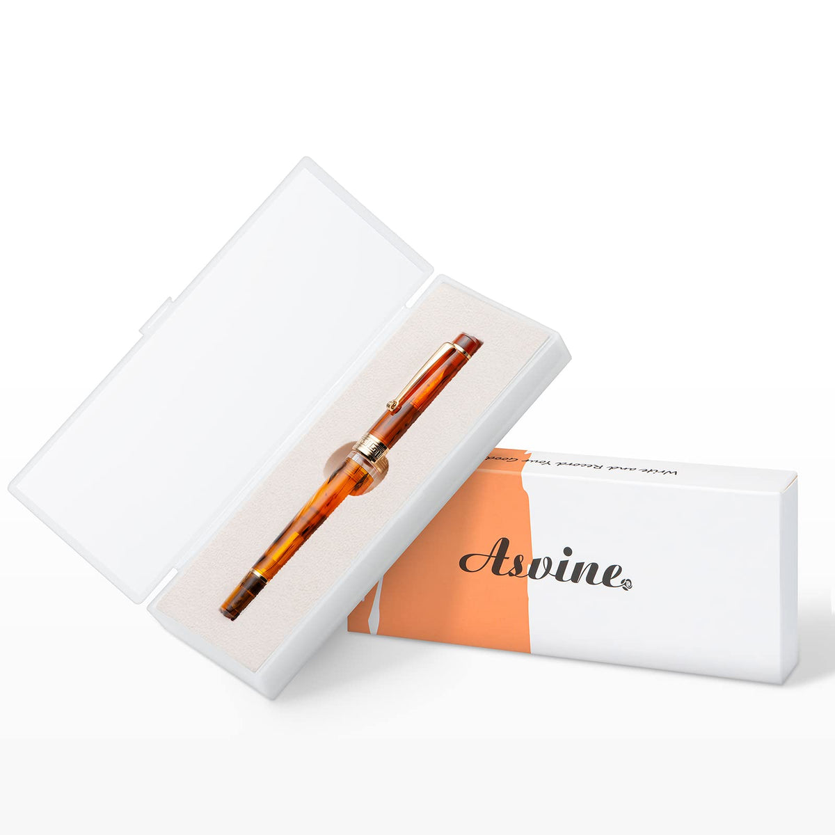 Asvine P20 Piston Fountain Pen, Stub Nib 1.1mm Calligraphy Art Drawing Amber Acrylic with Case Set