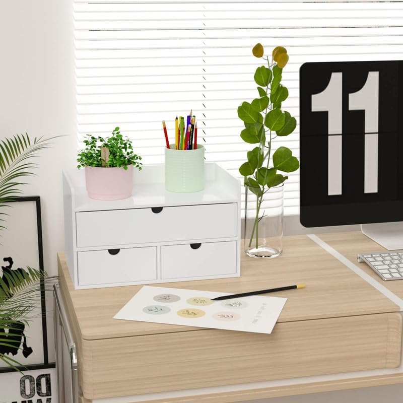 Bamboo Desk Organizer wtih Drawers Mini Desktop Drawer Tabletop Storage