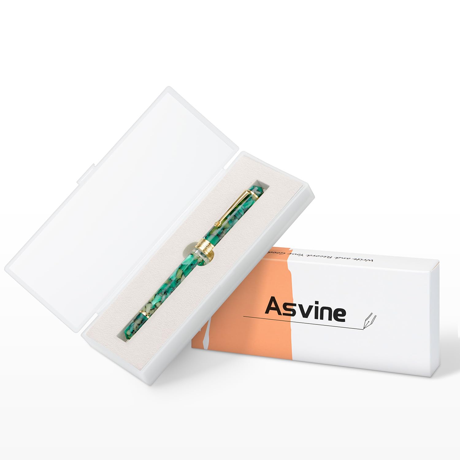Asvine P20 Piston Fountain Pen Extra Fine Point, Green Marble Acrylic Gold Trim Smooth Writer