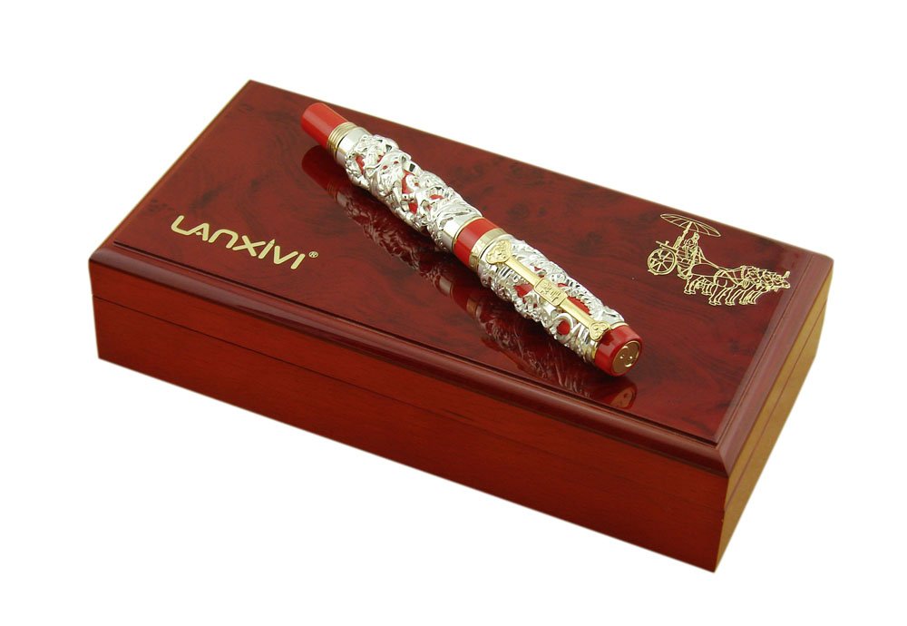 Jinhao Dragon Phoenix 3D Embossment Silver Red Fountain Pen Fine Nib Chinese Ruyi Clip Wooden Gift