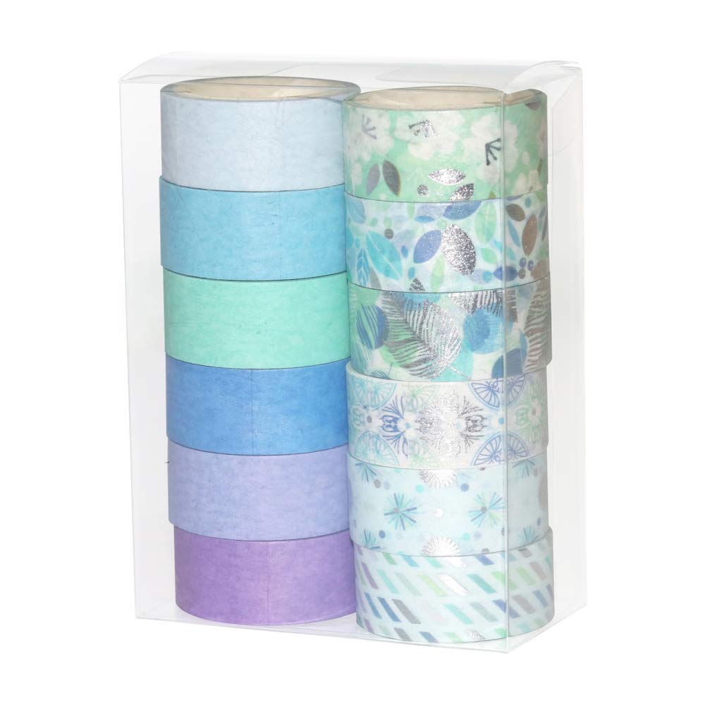 YUBBAEX 12 Rolls Blue Silver Washi Tape Set Masking Decorative Tapes (Blue Mix)