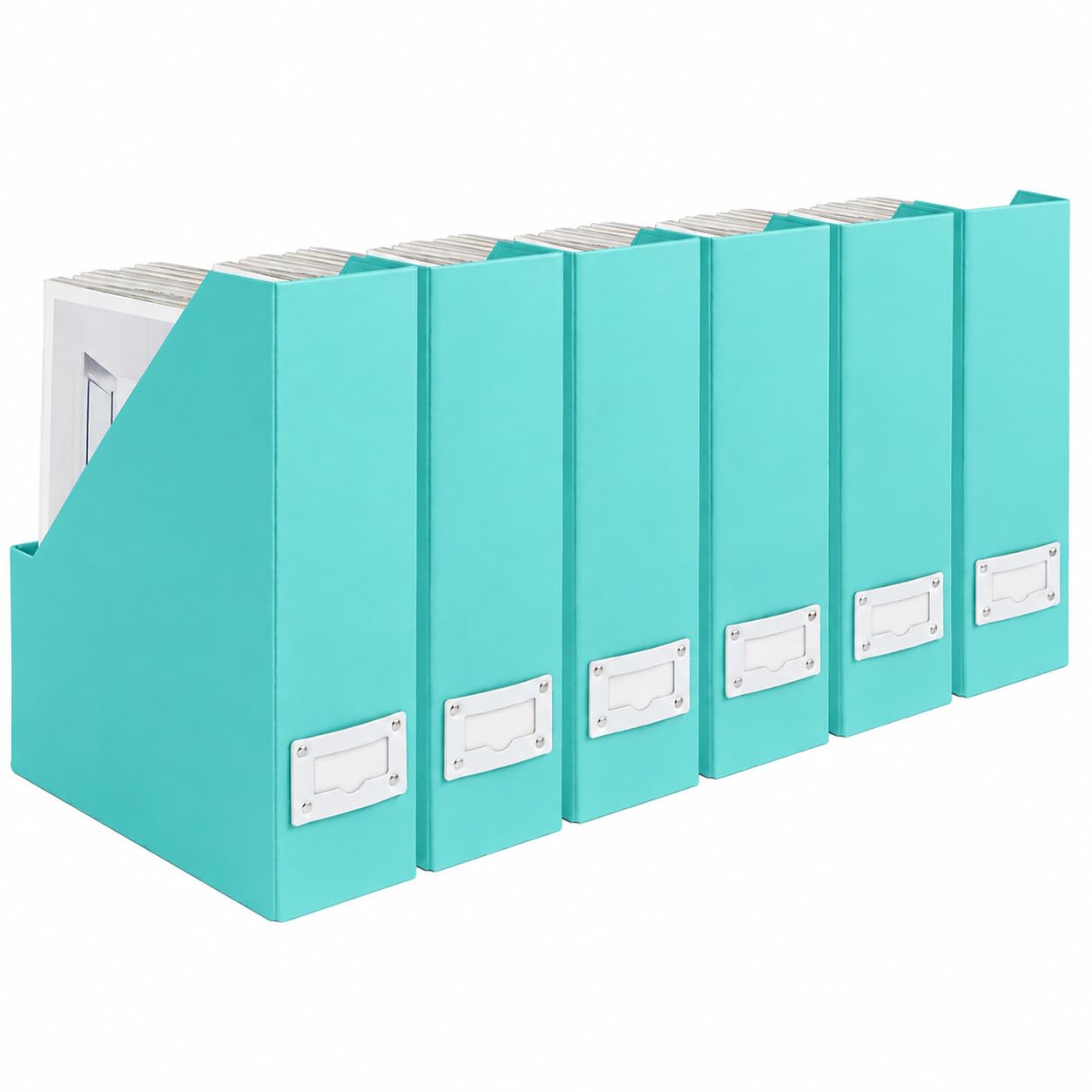 BLU MONACO Set of 6 Aqua Magazine File Holders | Foldable Magazine Storage Boxes with White Leather