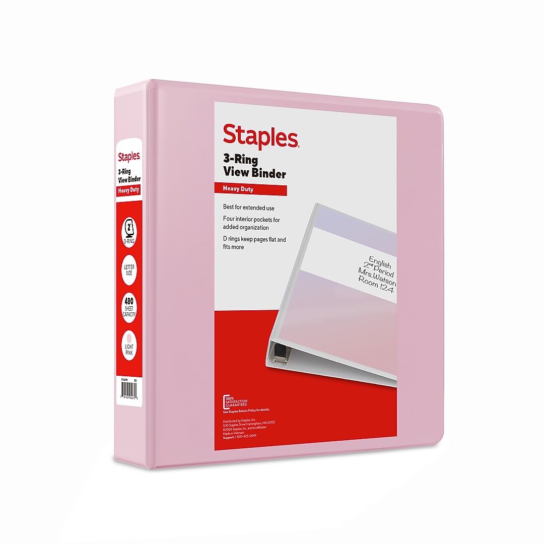 Staples Heavy-Duty 2-Inch 3-Ring View Binder, D-Ring, Light Pink