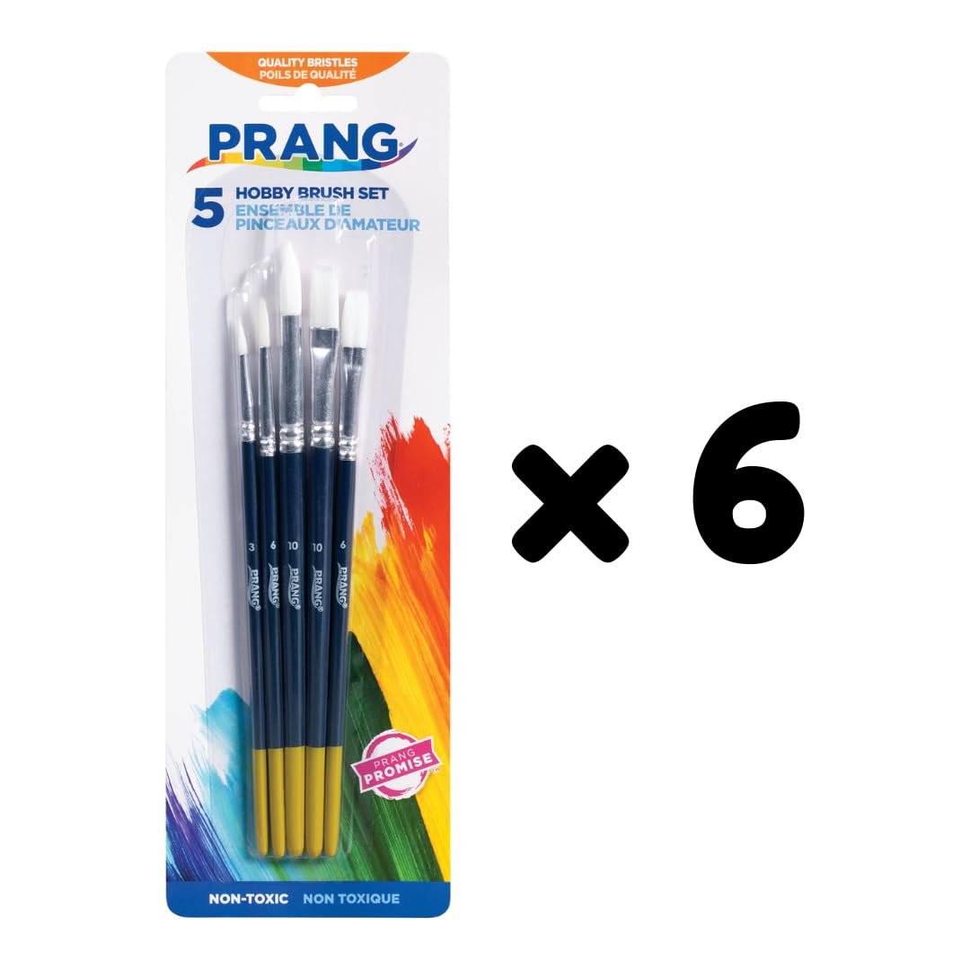 Prang Hobby Paint Brush Set, Assorted Sizes, 5 Brushes/Set, Pack of 6 Sets, 30 Brushes Total