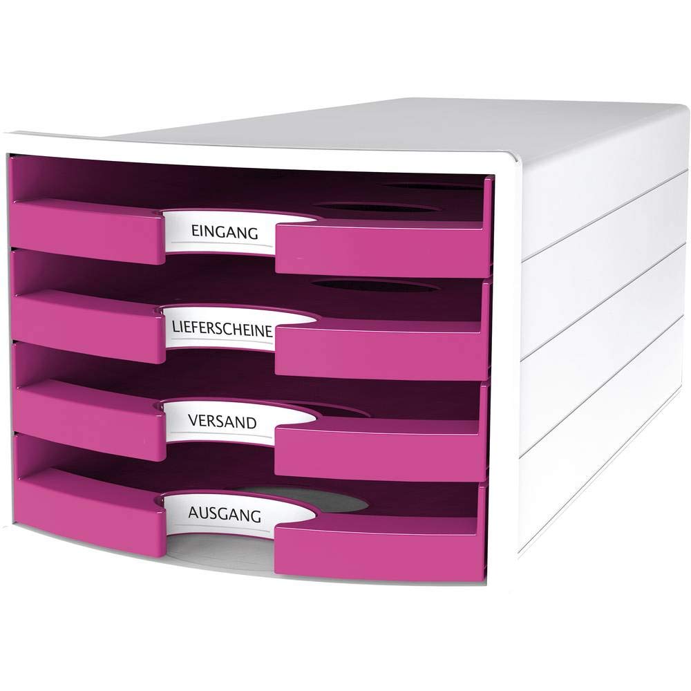 Han Impuls Drawer Box DIN A4/C4 4 Open Drawers White/Trend Colour Pink