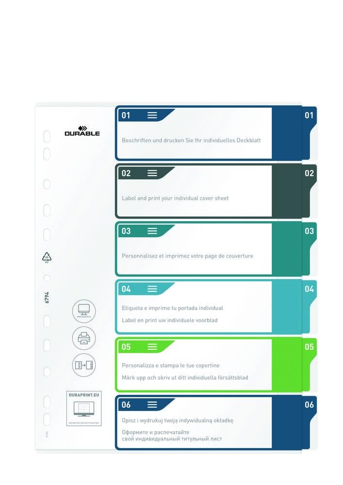 Durable Index Set 1-6 A4+, Portrait, Multicoloured Tabs, Made from PP