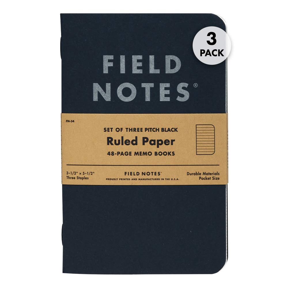 Field Notes 3-Pack Pitch Black Memo Books (3.5" X 5.5"), Ruled, 48 Pages | Thin Pocket Sized EDC