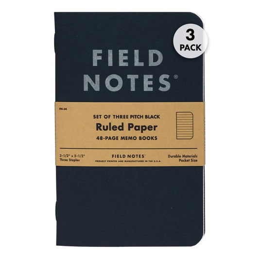 Field Notes 3-Pack Pitch Black Memo Books (3.5" X 5.5"), Ruled, 48 Pages | Thin Pocket Sized EDC