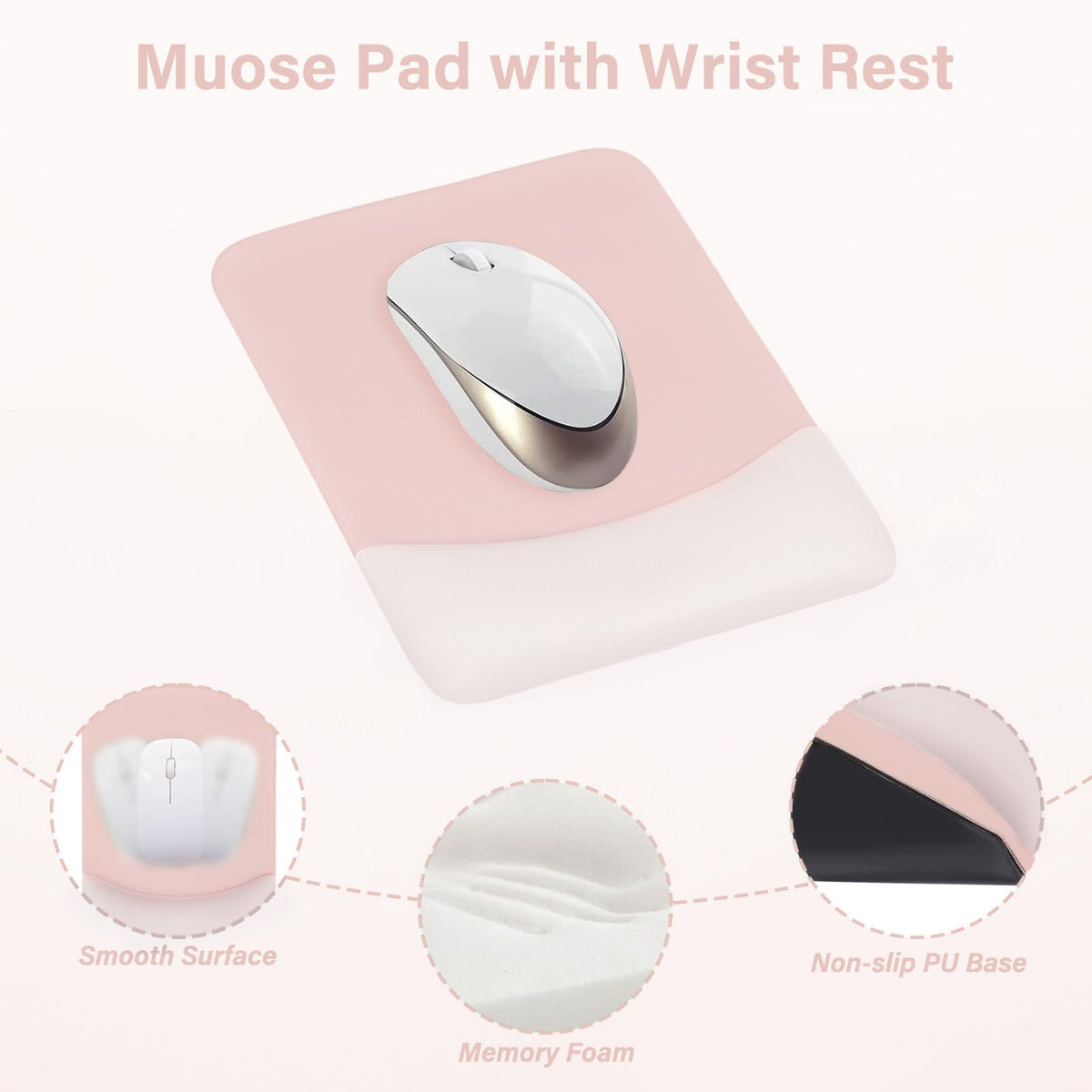MOSISO Wrist Rest Support Mouse Pad & Keyboard Set, Baby Pink