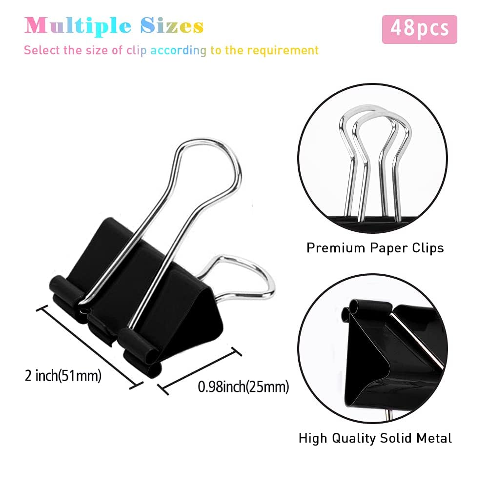 Extra Large Binder Clips, 48 Pack, 2 Inch, Standard 51mm, Black, Capacity 0.86 Inch, Metal Paper