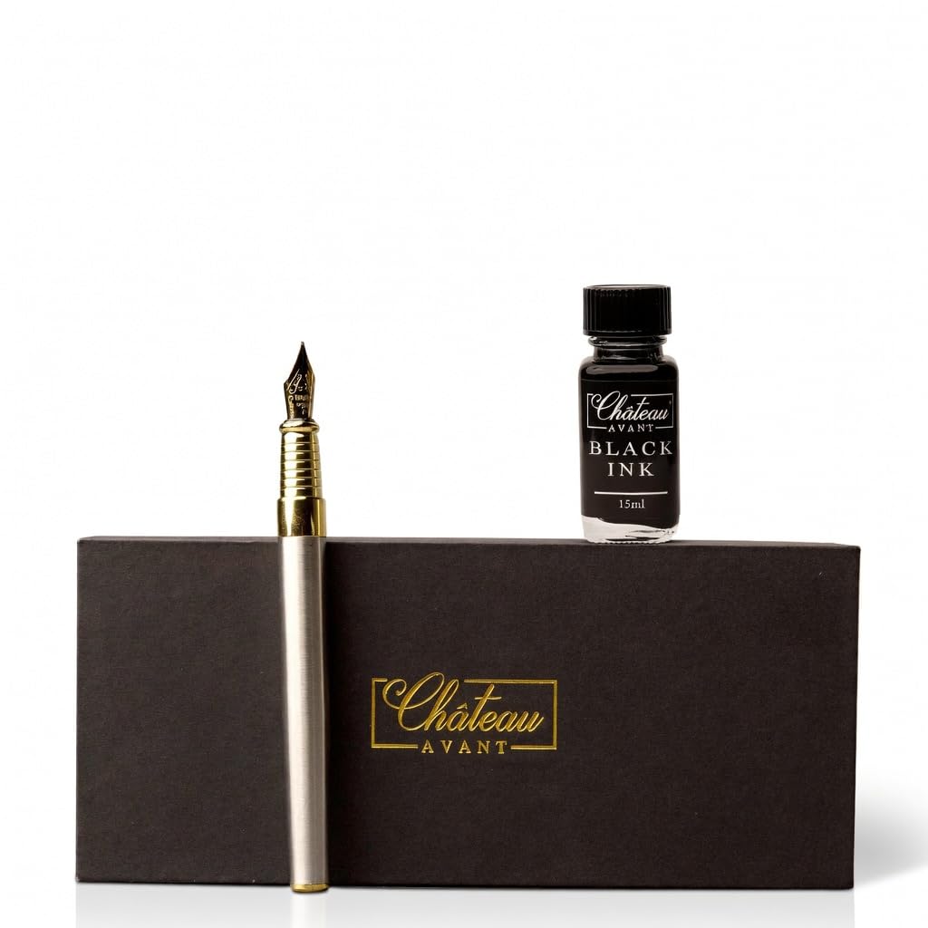 Château Avant Fountain Pen Set | Refillable Grey Fountain Pen with Black Ink Bottle, Fine Nib, and