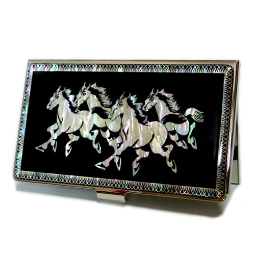 Antique Alive Year of The Horse Zodiac 2026 Business Card Case, Mother of Pearl Design, Chinese
