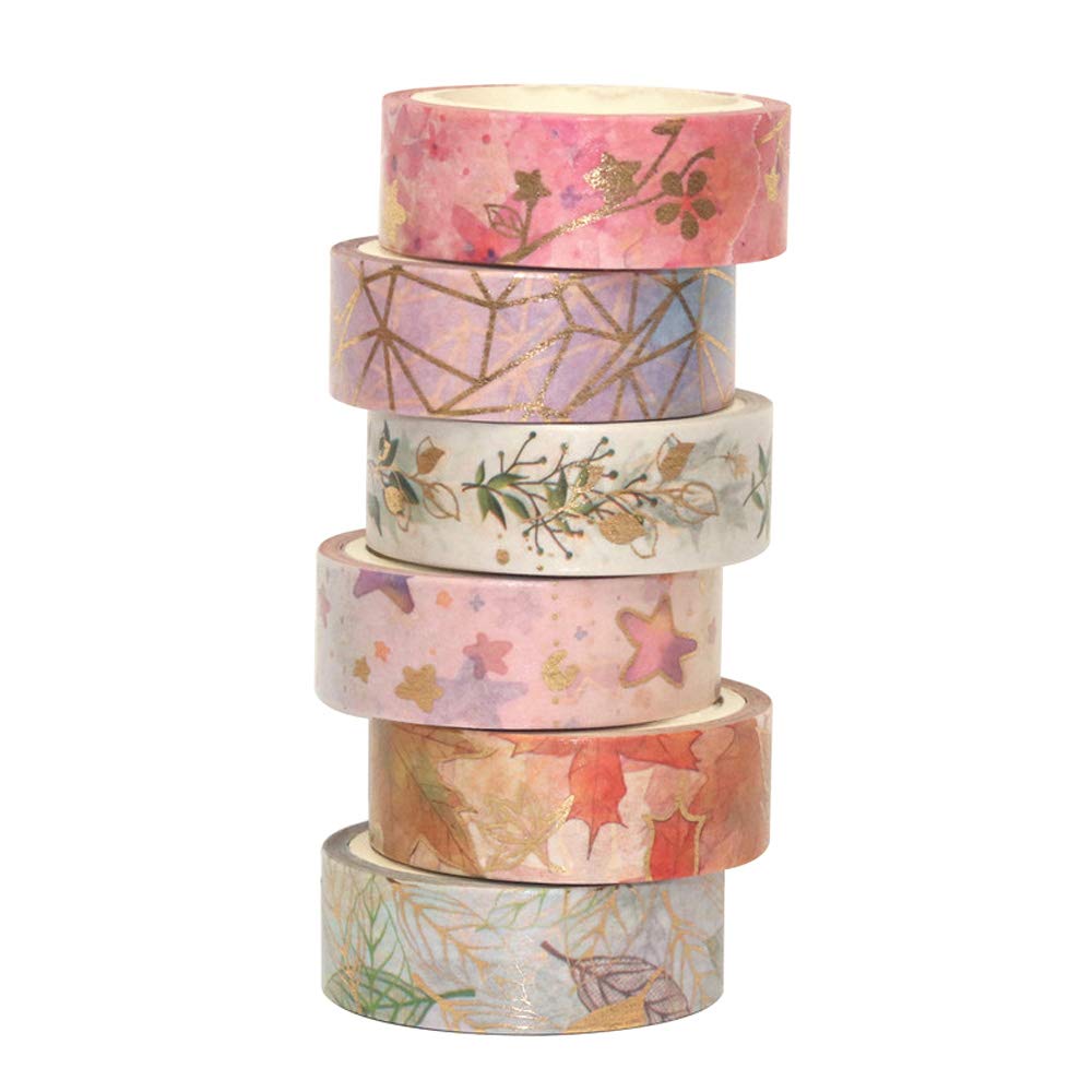 YUBBAEX Floral Gold Washi Tape Set 6 Rolls VSCO Foil Masking Tape Decorative for Arts, DIY Crafts