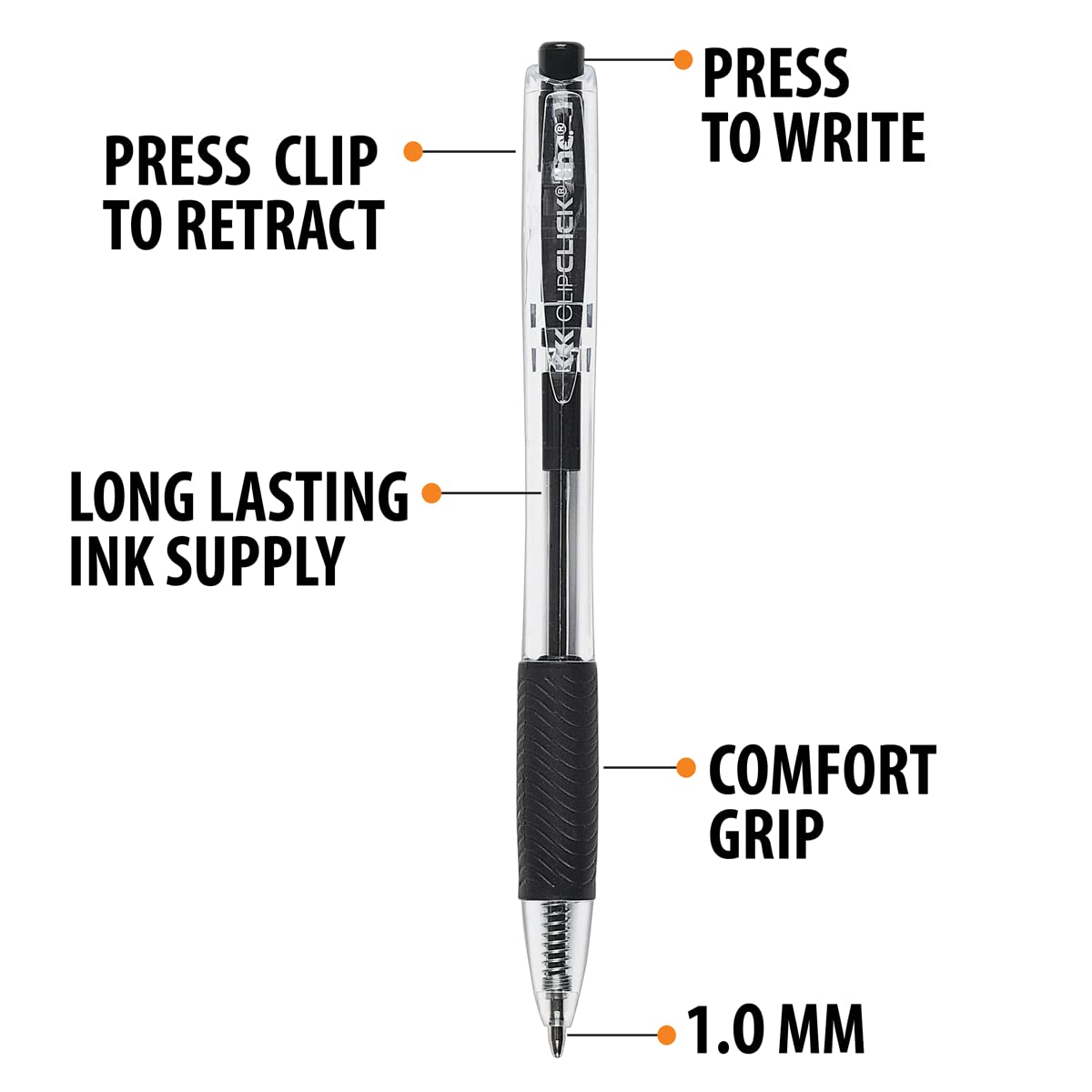 Inc. ClipClicks Retractable Ballpoint Pens - Bulk 1.0-mm Medium-Point Pen Set With Comfort Grip for