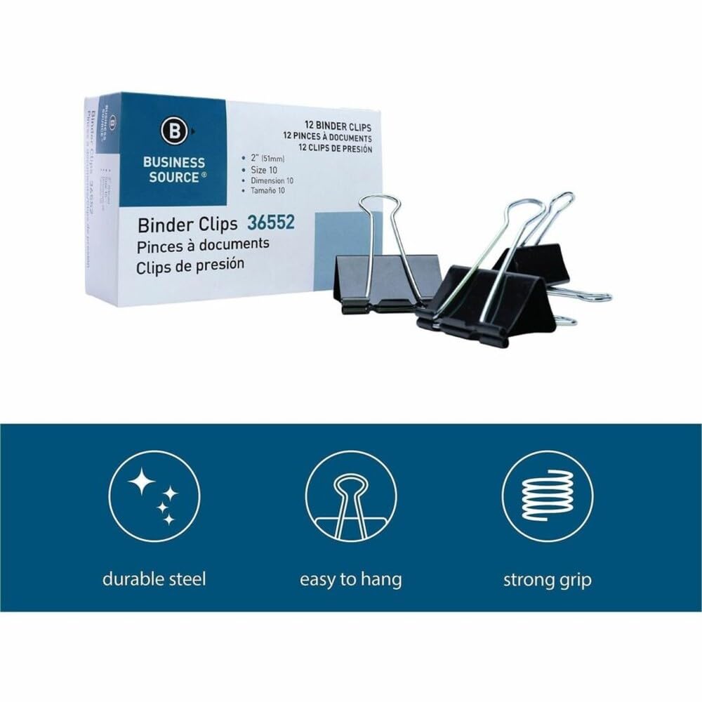 Business Source Fold-Back Binder Clips, Black, Large (Pack of 12)