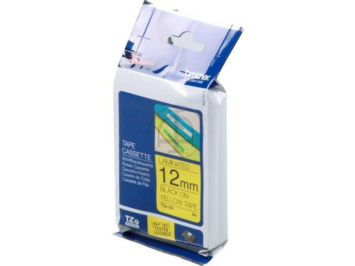 Brother Reseller TZE631 P-Touch Standard Laminated Tape, 1/2'' W x 26.2' L, Black on Yellow