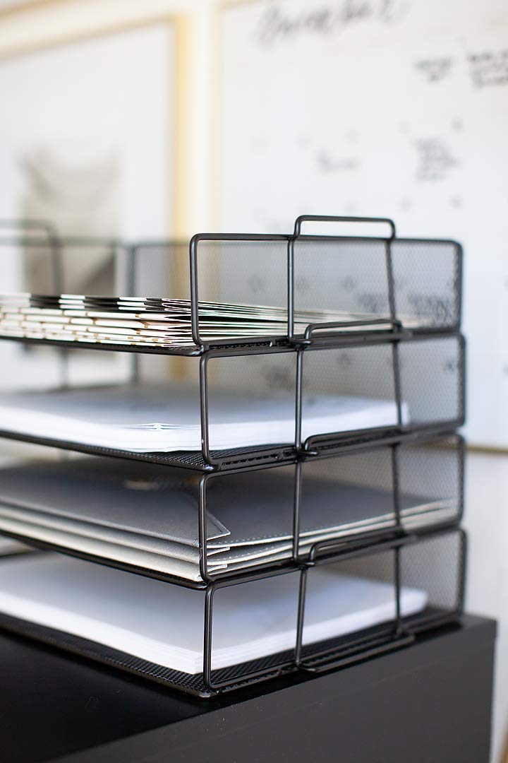BLU MONACO 4-Tier Stackable Paper Tray for Desk Organization | Black Metal Mesh Letter File Holder