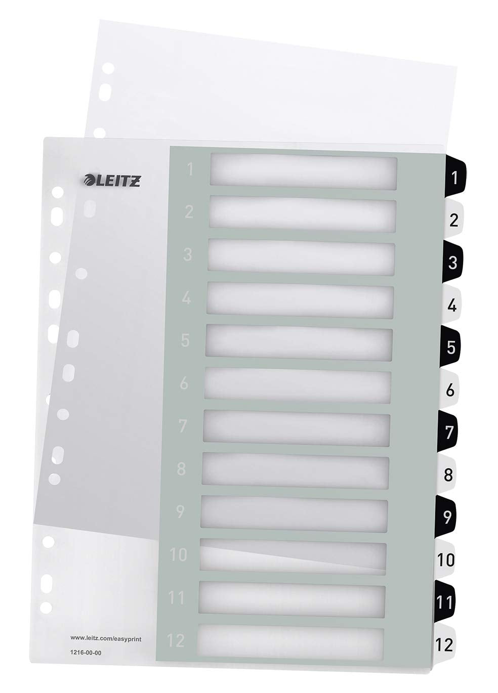 Leitz Wow Printable Index, Extra-Wide, 1-12 Numbered Tabs, PP, A4, White/Black