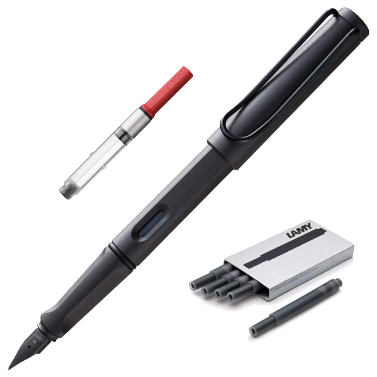 Boxiti Set - Lamy Safari Fountain Pen Charcoal, Fine Nib | 5 Black Ink Cartridges, Z28 Converter