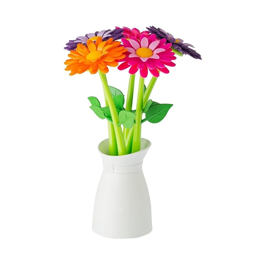 Vigar Flower Pen Set with Vase Holder – 5 Cute & Fancy Decorative Floral Pens, Blue Ink, Pretty Pen