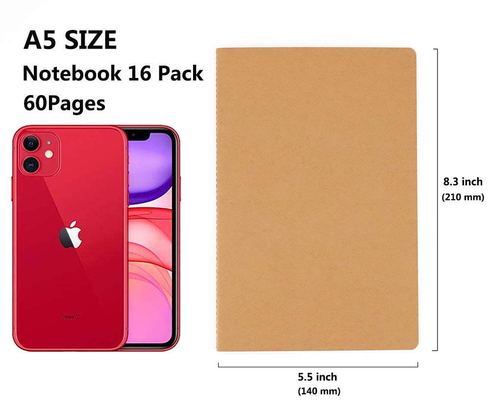 Wotion Kraft Blank Notebook 16 Pack, A5 Journal, 8.3" x 5.5", 60 Pages Thick No Bleed Paper, Soft