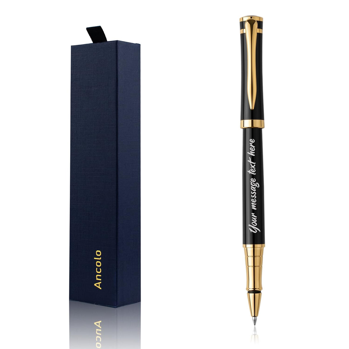 Ancolo Custom Luxury Black Roller Pen Set - Metal Body with Gift Box,2 Black Ink Refills Smooth