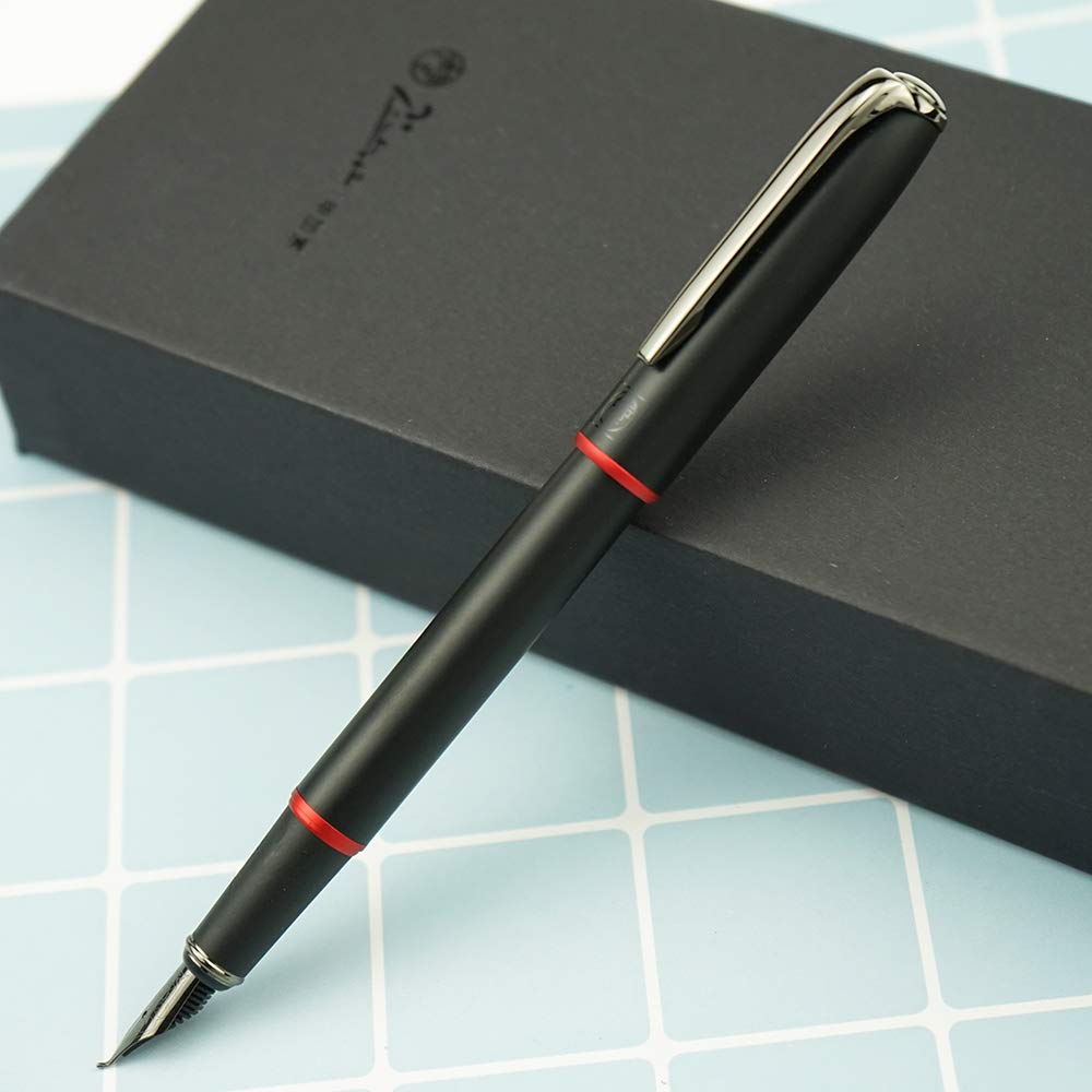 erofa Picasso 916 Matte Black & Red Ring Fountain Pen with Box - Titanium Gray Bent Nib