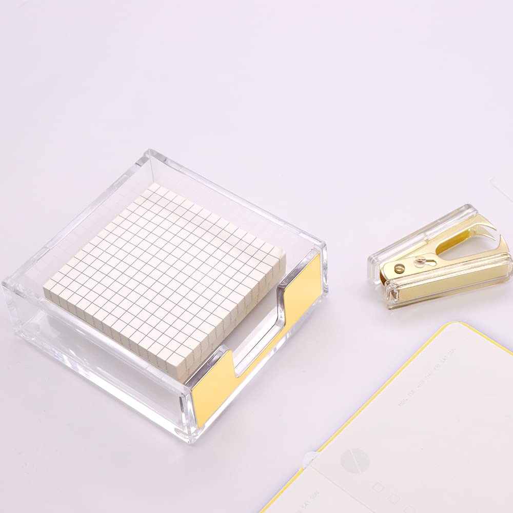 Clear Acrylic Body Bright Yellow Gold Tone Self-Stick Note Pad Holder N Staples Remover Set for