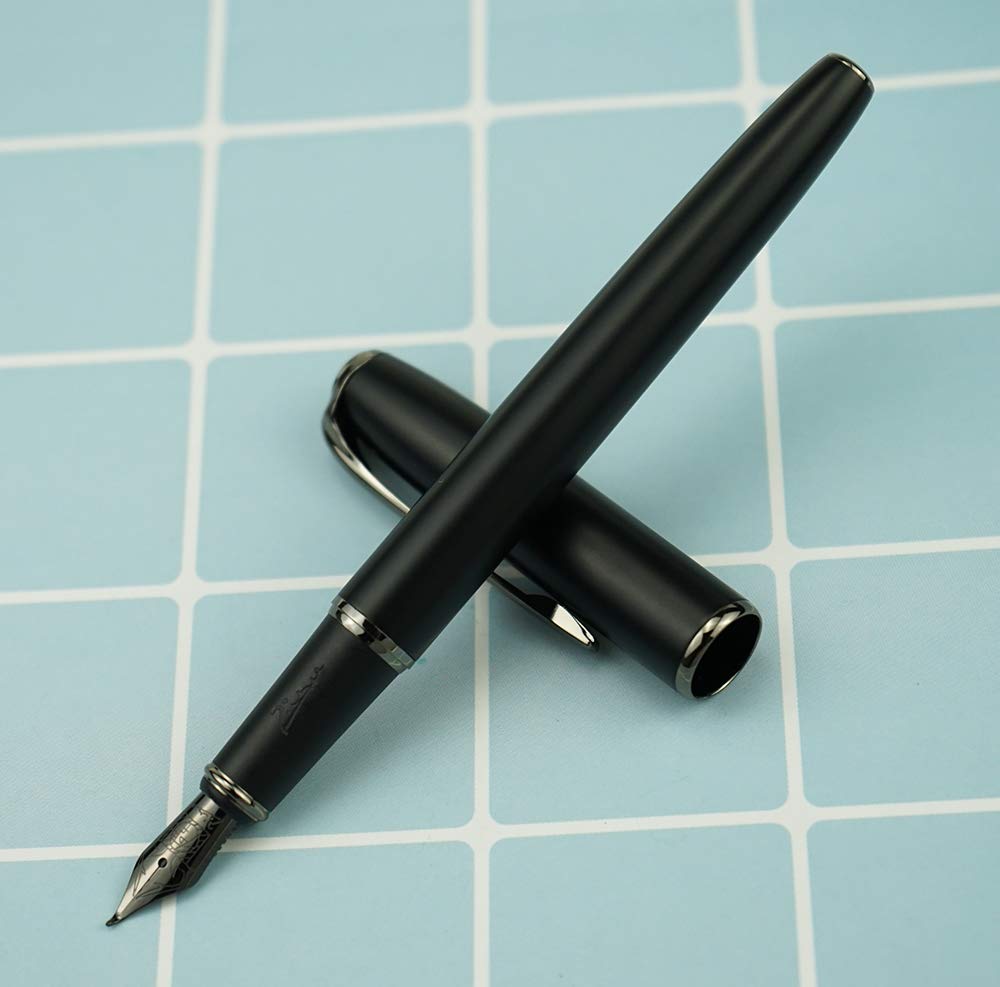 erofa Picasso 916 Matte Black & Gray Ring Fountain Pen with Box - Titanium Gray Bent Nib