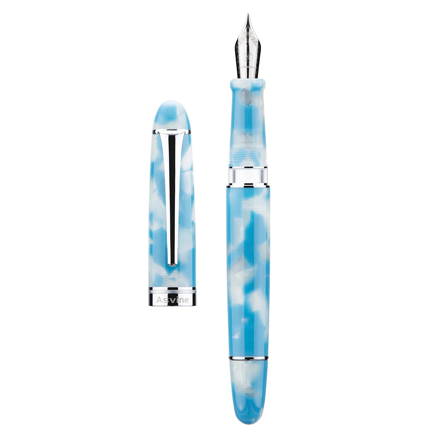 Asvine P50 Piston Fountain Pen Sky Blue Resin, Fine Nib Silver Trim Smooth Writer Collection with