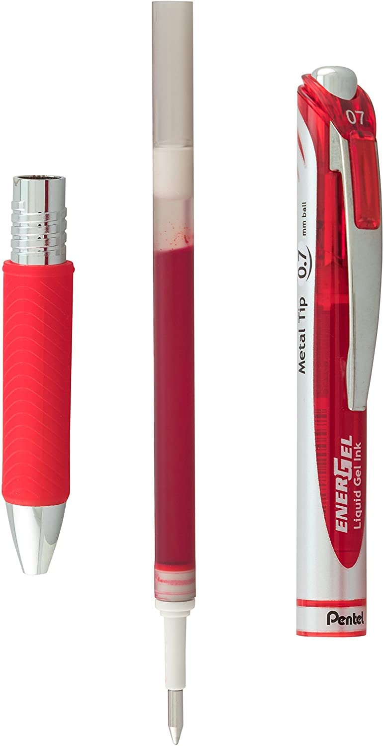 Pentel Energel 0.7 mm Liquid Gel Ink Pens - Red Ink - Metal Tip - Pack of 5 Deluxe RTX Pentel Pens
