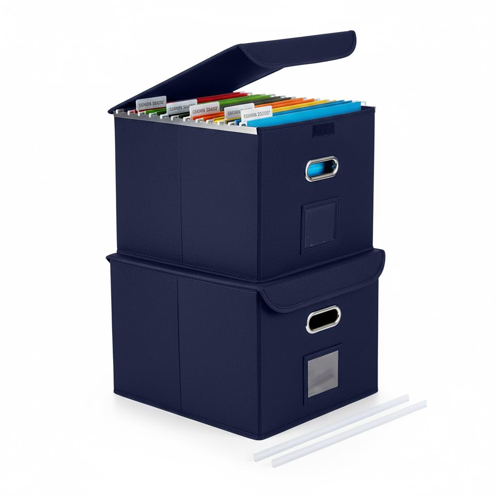 File Organizer Box with Lid (Navy Blue, 14.9 x 12.59 x 10.8 inch, 2-Pack)