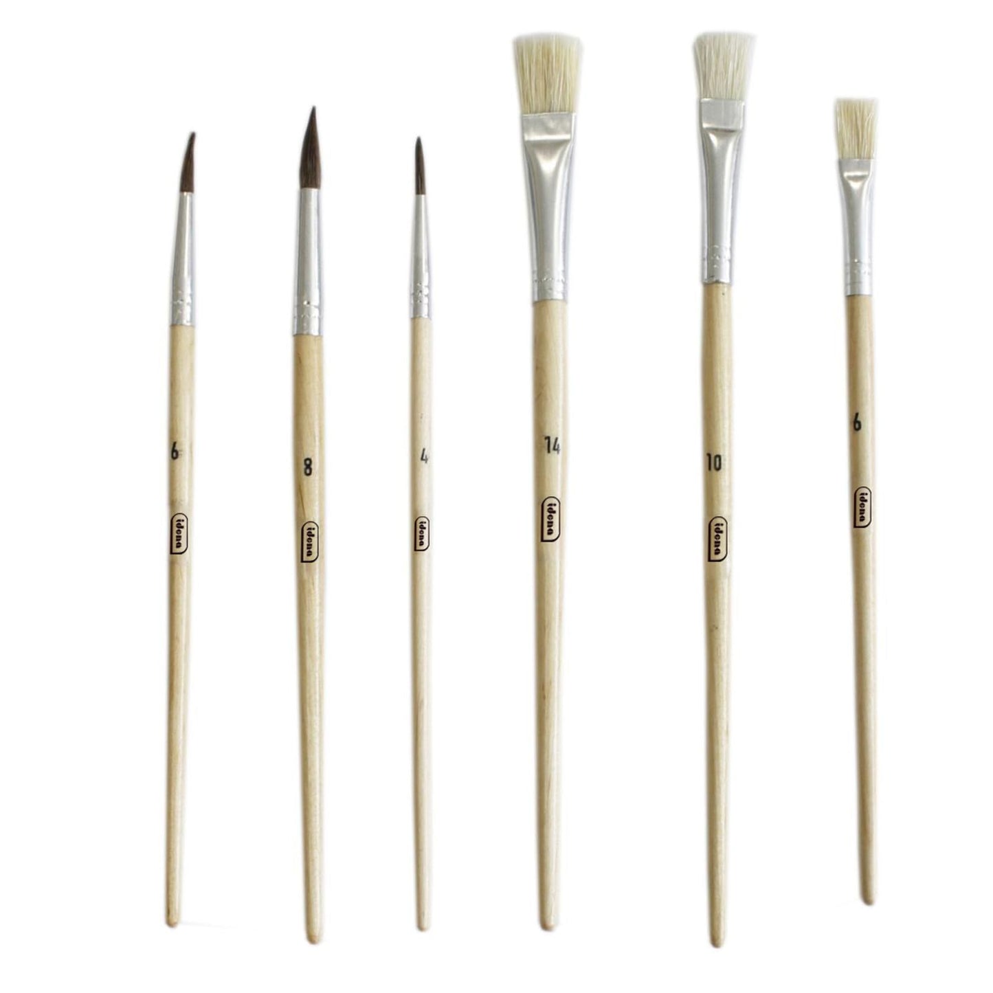 Idena 60104 School Brush, FSC 100%, in 6 Sizes, 3 Round Brushes & 3 Bristle Brushes, Unpainted
