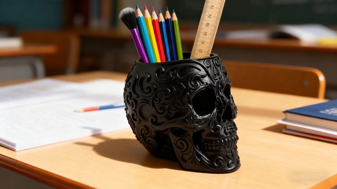 CUZOKOLA Goth Accessories Black Skull Decor for Pen Holder with Strong Resin,Skull Makeup Brush